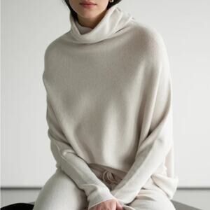 Jaki Light Beige Asymmetric Draped Roll Neck Seamless Knit Sweater Size S/M